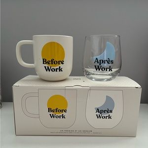 Before and Apres work coffee mug and wine glass set.